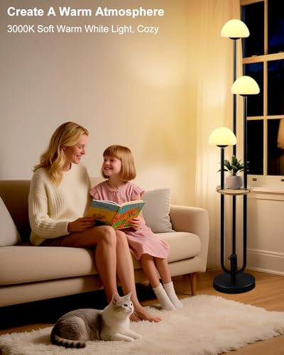 Image of Black Dimmable Floor Lamp with Table, Modern Floor Lamps with Mushroom Shades for Living Room, 3000K Warm White Tall Standing Lamp with Bulbs& 5Lbs Heavy Base for Bedroom /Office