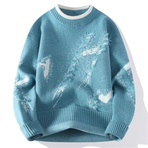 Men Ripped Knit Sweater Crew Neck Long Sleeve Casual Loose Pullover2