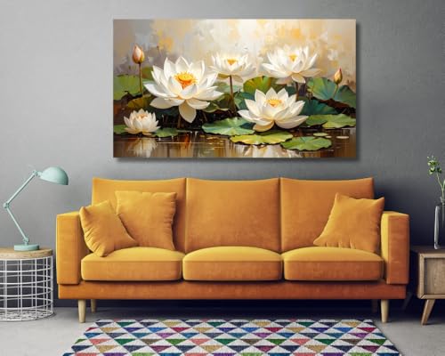 Image of KunjCart White Lotus Wall Painting Big Size (FRAMED & UNFRAMED OPTIONS )- Artistic Lotus Painting for Wall Vastu Landscape, Lotus Flower Painting for Living Room, Bedroom & Home, Luxury Lotus Canvas Painting