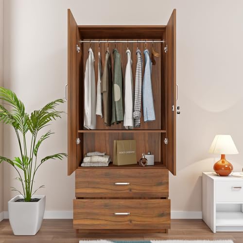 Image of VIKI Wardrobe | Albarracin Wardrobe | Wooden Almirah for 2 Door Wardrobe with 2 Drawer & Hanging Space with Mirror (Brussel Walnut - 40D x 80W x 180.8H) | 1 Year Warranty | Free Assembly