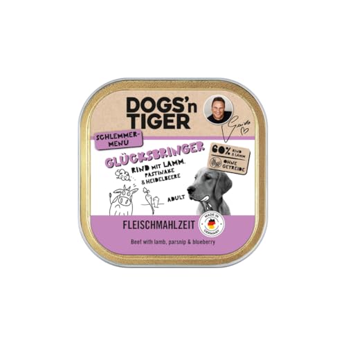 Dogs'n Tiger Bol porte-bonheur pour chien adulte, bœuf et agneau avec panais et myrtilles, 60 % de viande, sans céréales, sans sucre ajouté et conservateurs artificiels – 20 × 150 g