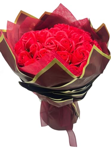 LLKTRD Rose Bouquet Artificial Flowers,Flower soap,Bouquet of Flowers,Artificial Bath Soap,Rose Flower,Rose soap Bouquet, Valentine's Day,Anniversary,Wedding,Birthday Gift for Her (Red)