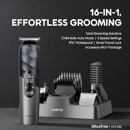 Image of Oraimo UltraTrim 16-in-1 Grooming Kit for Men & Kids | Full Body Trimmer | Beard, Hair, Nose & Body Groomer | IPX7 Waterproof | 150 Min Runtime | Type-C Fast Charging | 3 Speed Modes | Child-Safe Mode (OTS-230)