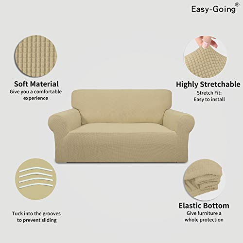 Image of Easy-Going Stretch Loveseat Slipcover 1-Piece Sofa Cover Furniture Protector Couch Soft with Elastic Bottom for Kids Polyester Spandex Jacquard Fabric Small Checks (Loveseat, Beige)