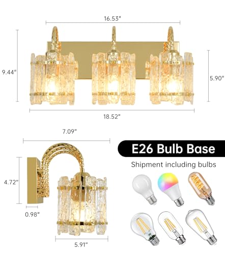Image of Gold Vanity Lights 3 Lights with Water Ripple Glass Shade Modern Bathroom Sconce Above Mirror 20in Hallway Lamp for Bathroom Living Room Bedroom