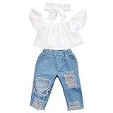 Ambabe 3PCS Toddler Baby Girl Summer Clothes Solid White Off Shoulder Tube Top+Ripped Jeans+Headband