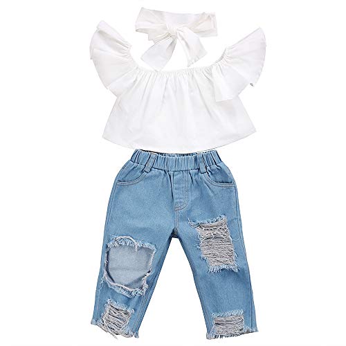 Ambabe 3Pcs Toddler Baby Girl Summer Clothes Solid White Off Shoulder Tube Top+Ripped Jeans+Headband Pants Outfits Set, 3-4T #TOP18