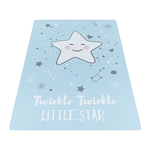 Kinder Teppich Kinderzimmer für Jungs und Mädchen Blau 140x200 weich Sterne-Design bunt aus...