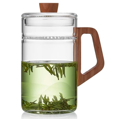 ポカロティー 耐熱ガラス ティーカップ 透明茶海 430ml ふた付き 茶こし一体型 取っ手付き 可愛い オシャレ 紅茶 緑茶 仕事中 水分補給 食器 ギフト