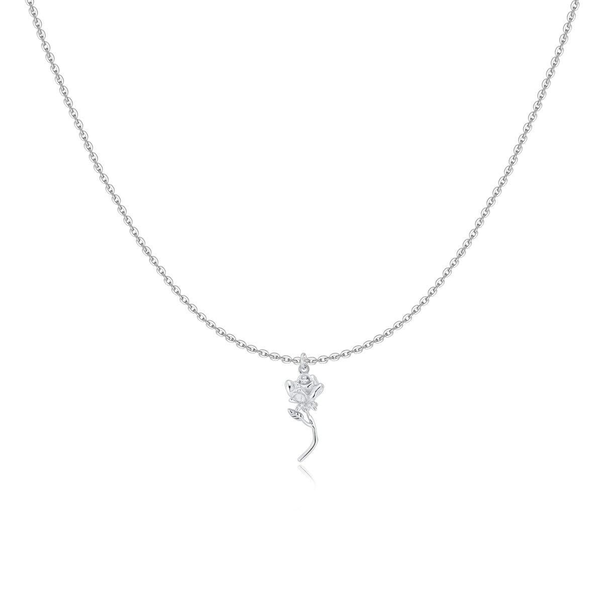 MARLION JEWELSCollar de Plata de Primera Ley (S925) con Diseño de Rosa con Tallo y Elegantes Hojas. Colgante acabado en Plata o Baño Oro 18K. Perfecto Regalo Cumpleaños y Día de la Madre. Joyas para mujer.