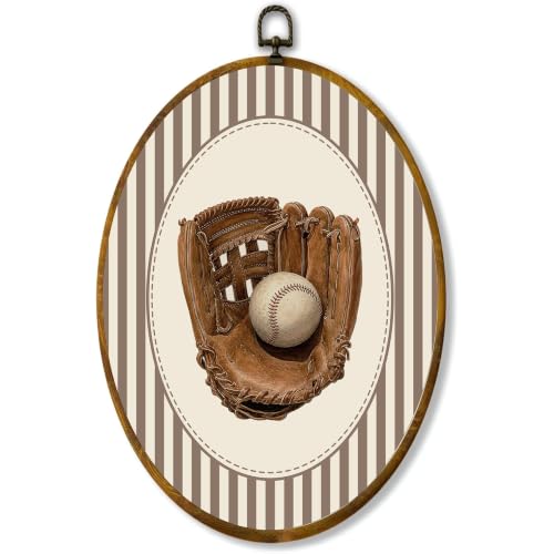 Baseball Glove Wall Art, Rustic Oval Framed Canvas Print