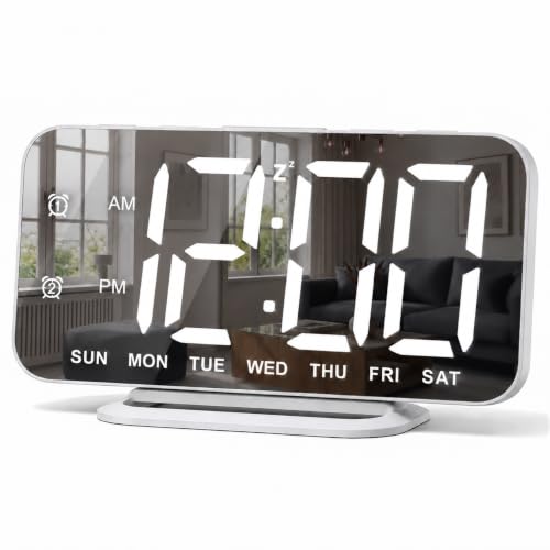 Réveil numérique LED mince surface miroir, port USB, affichage grand