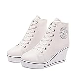 Mei MACLEOD Women's Canvas Shoes High Heel Wedge Sneakers High Top Sneakers Casual Lace Up Shoes for Teen Girls College Student White