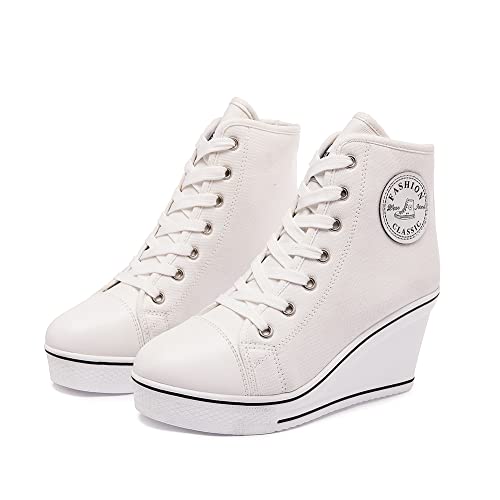 Mei MACLEOD Women's Canvas Shoes High Heel Wedge Sneakers High Top Sneakers Casual Lace Up Shoes for Teen Girls College Student