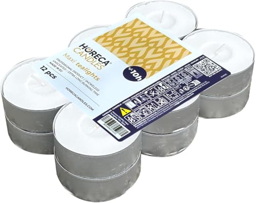 Horeca Candles - Maxi Tealight Weiße Kerzen - Unparfümiert - 144 Stück - Große Teelichter 57 x 22 mm - Brenndauer 10 Stunden - Tea Light Anti-Tropfwachs - 12 x Set mit 12 Teelichtern