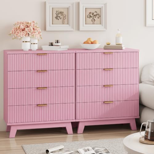 Image of Xixini Fluted Nightstand with 4 Drawers, 31.5 inch Wide Side Table, Pink