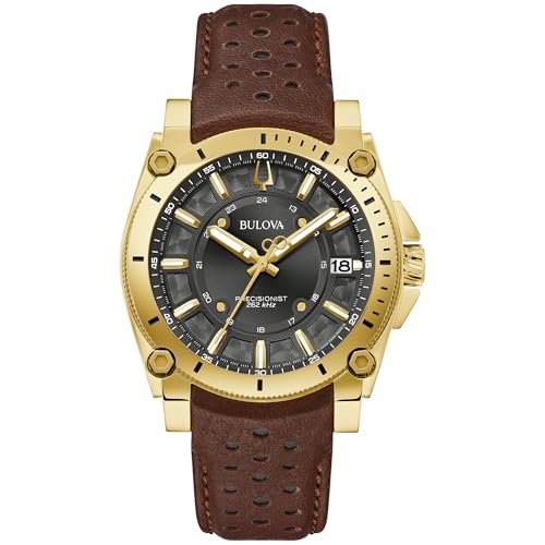 Bulova Men's Icon High Precisionist Quartz Gold Tone Stainless Steel Case 3-Hand Watch, Leather Brown Strap, Black Dial Style:97B216 by Bulova - Used condition - US$264.42