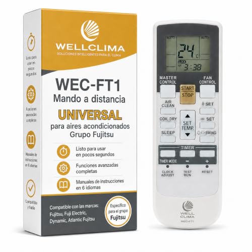 Wellclima WEC FT1 Mando Universal para Aire Acondicionado Fujitsu y Fuji Electric Inverter y Bomba de Calor, con Air Clean, Oscilación Horizontal y Modo Quiet, Recambio Listo para Usar en Segundos