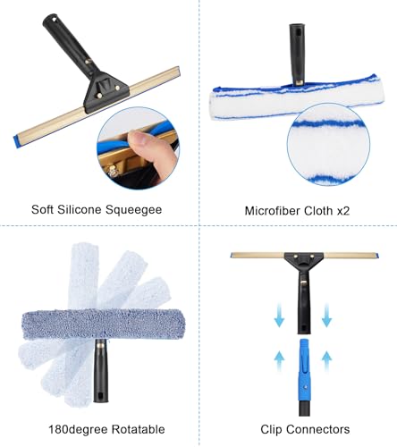 Image of Professional Window Cleaning Kit with 50 inch Extension Pole, 8-in-1 Window Scrubber Squeegee Set, 14 inch Flexible Head, 3 Gallon Storage Bucket, Spray Bottle Microfiber Cloths for High Indoor /Outdoor Glass
