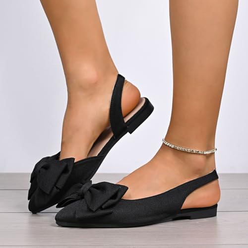 Bow Pointed Toe Dress Flat Shoes for Women Elastic Back Slingback Flats Fashion Casual Adjustable Ankle Strap Shoes2