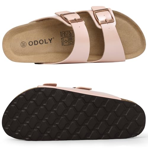 Image of ODOLY Unisex Comfortable Cork Footbed Slide Sandals with Arch Support | Adjustable Buckle, Lightweight Summer Sandals for Travel and Everyday Wear