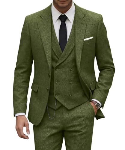 Image of Retro 3 Piece Tweed Suit Herringbone Men's Suits Wool Groom Tuxedos Prom, Green, 3XL