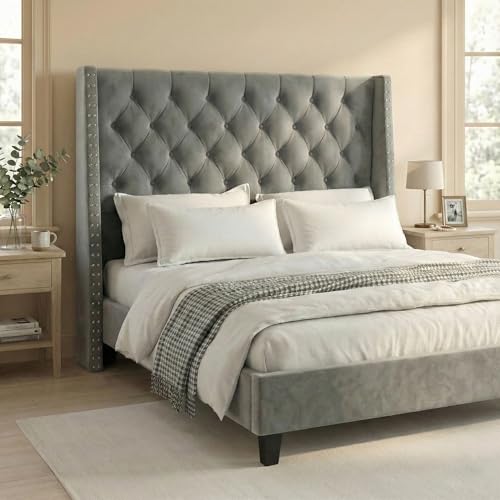 RIHHA Queen Bed Frame Velvet, 47.2" Tall Wingback Headboard with