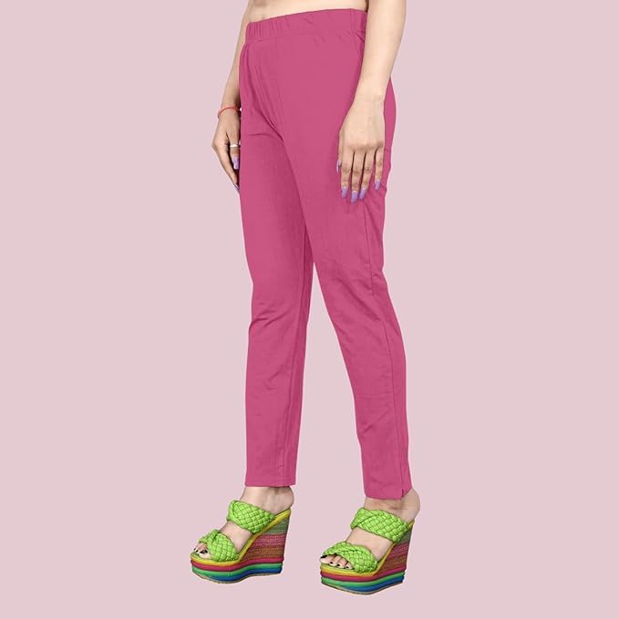 Image of Women's Solid Cotton Lycra Pants-High Waist Slim Fit Stretchable Leggings - Comfortable Long Trousers for Casual, Office & Everyday Wear