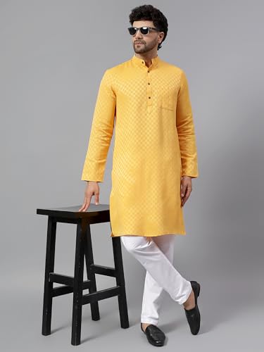 Image of LATEST CHIKAN Men's Checkered Cotton Blend Straight Kurta