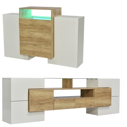 Azkoeesy Mueble de TV y Aparador - Conjunto de 2 Piezas para salón, con iluminación LED, Color Blanco Brillante y Natural, 200x35x60 cm + 140x30x77,5 cm