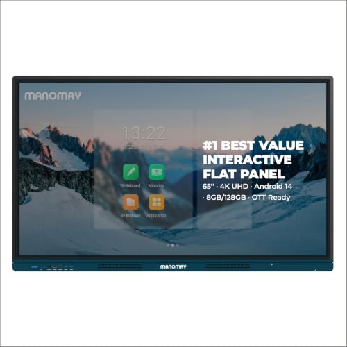 Image of Manomay 65 Inch Interactive Flat Panel, 4K UHD Touch Screen Display, Android 14, OTT Streaming, 8GB RAM /128GB Storage, 20-Point Infrared Touch, Dual 20W Speakers, Smart Board for Office & School