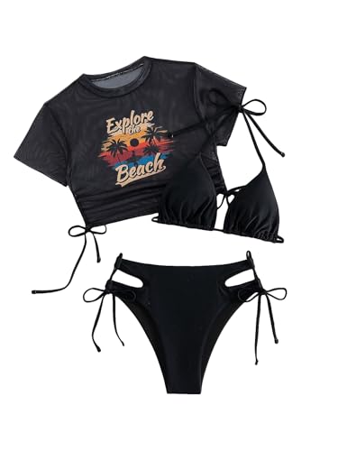 GORGLITTER Women's 3 Piece Halter Triangle Tie Side Bikini Swimsuit with Tropical Graphic Cover Up Set