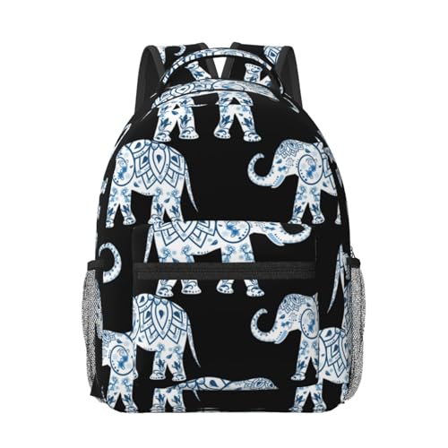 Sac à dos écolière noir étanche imprimé éléphant aztèque enfant