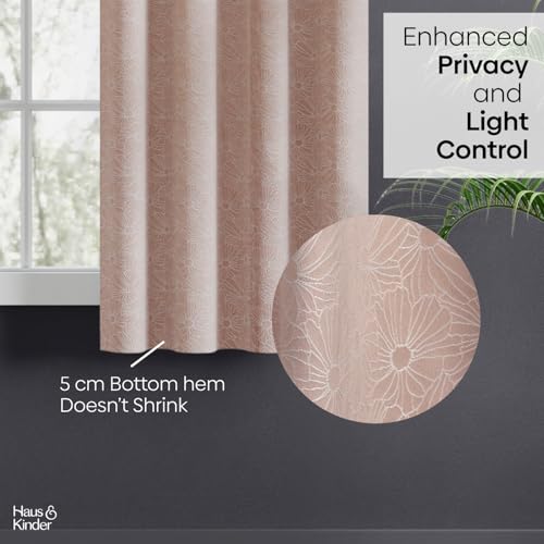 Image of haus & kinder Jacquard Window Curtains 5 Feet Long Pack of 2 Window Curtains, 5 Feet Curtains for Window (Blush Daisy, Blush Abstract Geometric Design 130x152 CM)