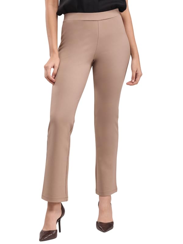 Image of FableStreet Women's Bootcut Stretch Livin Trousers | Nylon Rayon with Mid-Rise Waist | Solid Pattern & Plain Weave Fabric | Office Wear & Business Meetings