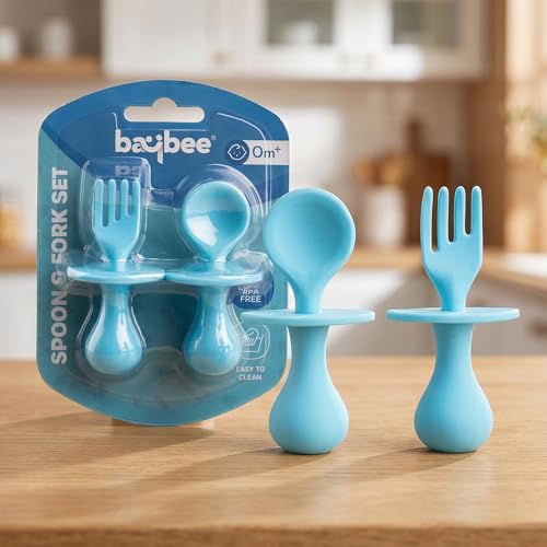 Image of Baybee 100% Silicone Baby Feeding Spoons Set of 2 | Bpa Free- Food Grade Soft Silicone Tip Spoon & Fork Self Feeding Utensil | Baby & Toddlers Gum Friendly Weaning Supplies for Kids 1 Months+ (Blue)