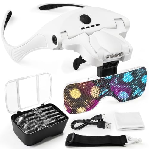 AUTOPkio Gafas Lupa con 4 Luz LED, USB Recargable Lentes de Aumento 5 Lentes 1.0X, 1.5X, 2.0X, 2.5X,...