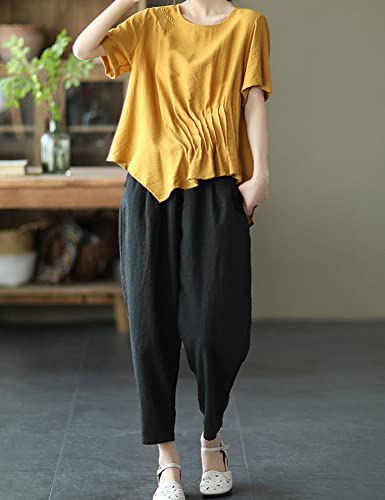 Summer Cotton Linen Soft Cropped Pants with Elastic Waist Pockets for Women Teen Girls3