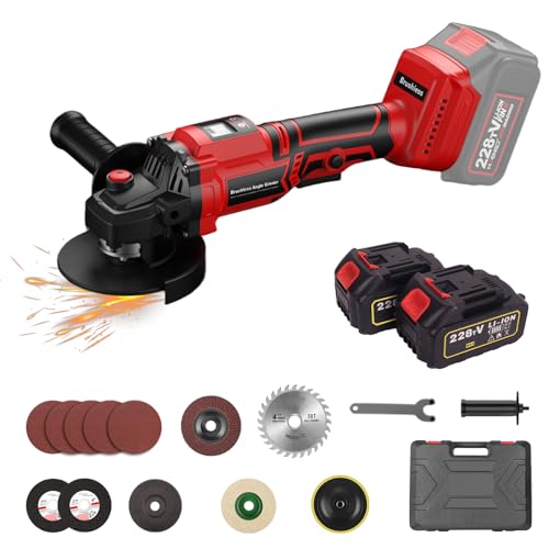 CALISTOUK Amoladora Angular con 2 * 3.0Ah Baterías, 3 Modos Amoladora Angular Eléctrica 21V Función de Pantalla Digital con 12 x Muelas para Cortar y Amolar con Precisión, Ø 115 mm