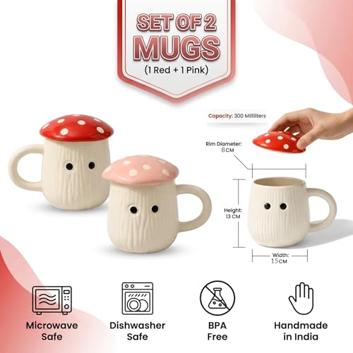 Image of Mushroom Ceramic Mugs Set of 2 Red Pink | 300ml Coffee Tea Cups with Lids Polka Dot | Microwave Dishwasher Safe | Valentine Couple Gift | Kawaii Home Decor Kitchen Dining Handmade India
