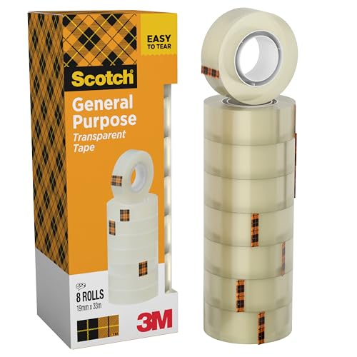 Scotch Ruban Adhésif Transparent, 8 Rouleaux, 19mm x 33m - Ruban Adhésif Transparent à Usage Général pour l'Ecole, la Maison et le Bureau (l'emballage...