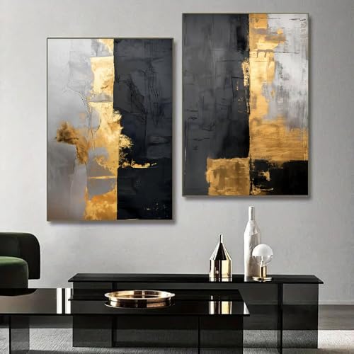 BACJUOPLDArt Black and Gold Abstract Wall Art Modern Abstract Painting Set of 2 Black Golden Pictures Gold Foil Artwork Modern Marble Picture for Living Room Bedroom 16x24inchx2PCS No Frame