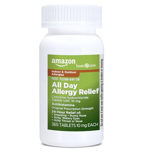 Image of Amazon Basic Care All Day Allergy, Cetirizine Hydrochloride Tablets, 10 mg, 24-Hour Relief for Sneezing, Runny Nose, Itchy Eyes & Throat, Indoor & Outdoor Allergy Relief, 365 Count