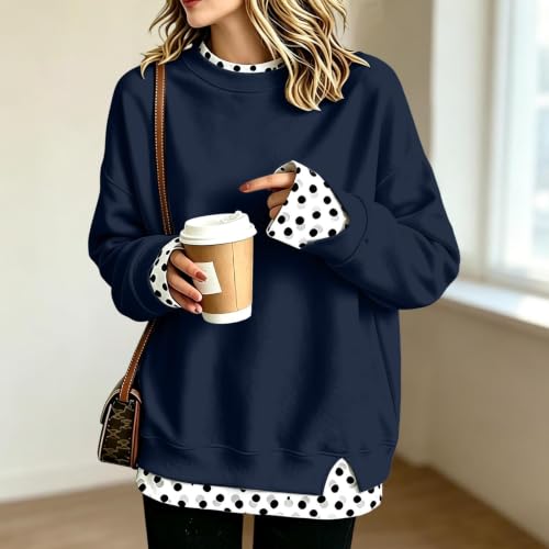 XINGJIAARTS Oversized Crewneck Sweatshirt Women Patchwork Long Sleeve Fall Tops Side Slit Pullover Trendy Fashion Outfits Dark Blue XX-Large (xx_l) - image 2