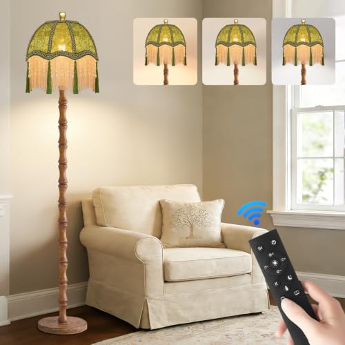 Image of ZECOXOL Wood Floor Lamps for Living Room Boho Rustic Floor Lamp with Remote Control,Dimmable Vintage Floor Lamp Green Mid Century Modern Standing Lamp Pole Tall Fringe Floor Lamp for Bedroom Corner