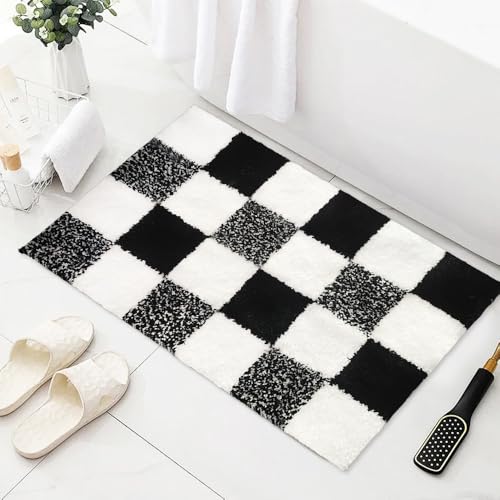 AIBIIN Tappetino da bagno antiscivolo a scacchi bianchi e neri, lavabile, grazioso tappetino da bagno per bagno, ingresso, camera da letto, soggiorno, 40 x 60 cm