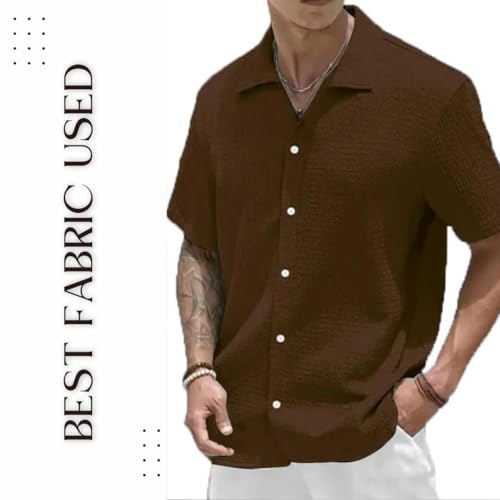Image of COMBRAIDED Men's Slim Fit Half Sleeve Polycotton Casual Shirt - Solid Pattern, Hip Length
