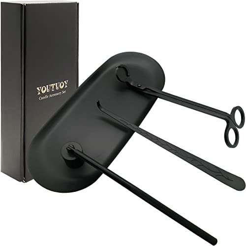YOUTUOY 4 in1 Candle Accessory Set with Storage Tray Plate, Candle Wick Trimmer, Candle Wick Snuffer, Candle Wick Dipper, Storage Tray Plate, Great for Scented Candles Lovers (Black 4 in1)