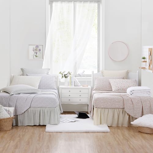 Image of Laura Ashley - Twin Size Ruffled Bed Skirt, Lightweight Cotton Bedding with 14.5 inch Drop & Smooth Hand Feel, College Dorm Room Essentials (Ticking Stripe Grey)