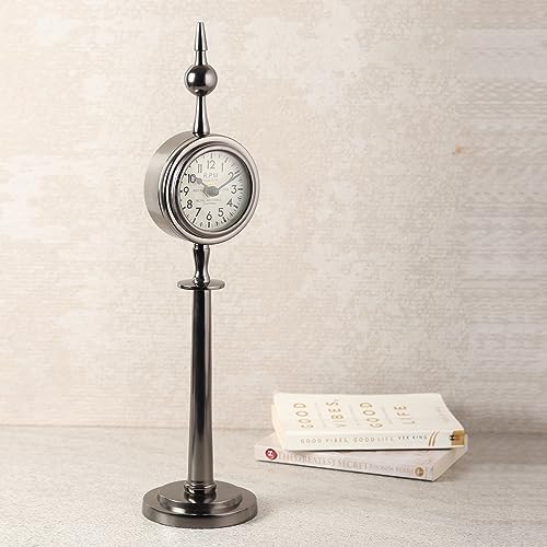 Image of Decor de Maison Metal Brings Handcrafted Aleksi Table Clock for Kidsroom,Living Room,Bedroom,Study Table,Office Desk|Classic Non-Ticking Tabletop Battery Operated Analog Desk (Black, Majestic Spire)